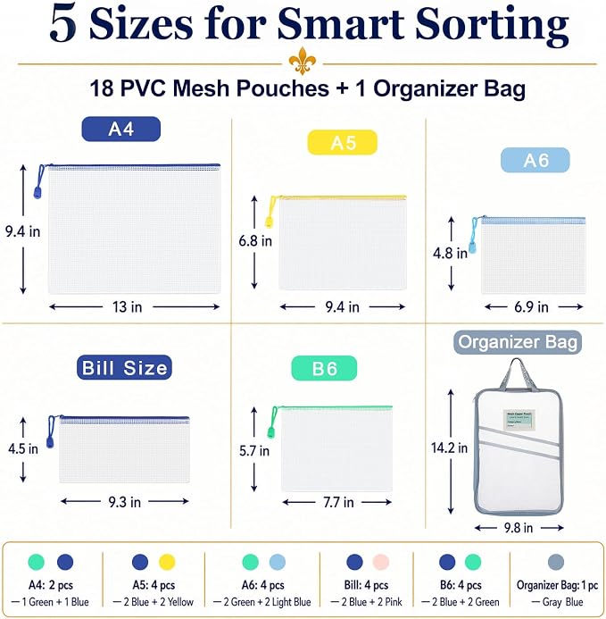 18-Pack Mesh Zipper Pouch Set with 1 Organizer Bag, 19pcs