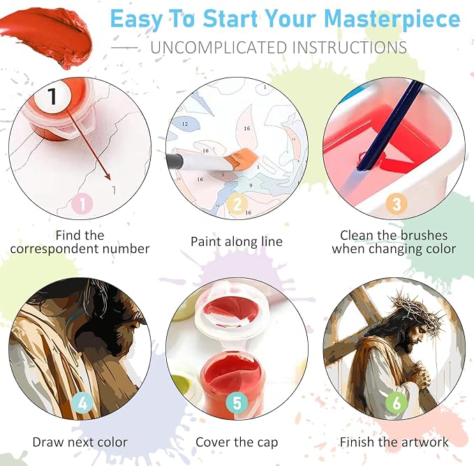 Paint by Numbers Kit for Adults, Jesus Cross Acrylic Canvas Painting Set | 16x16 Inch, Religious Christians DIY Number Painting Craft Kit, Home Wall Decor, Stress Relief Relaxing Hobby Gift