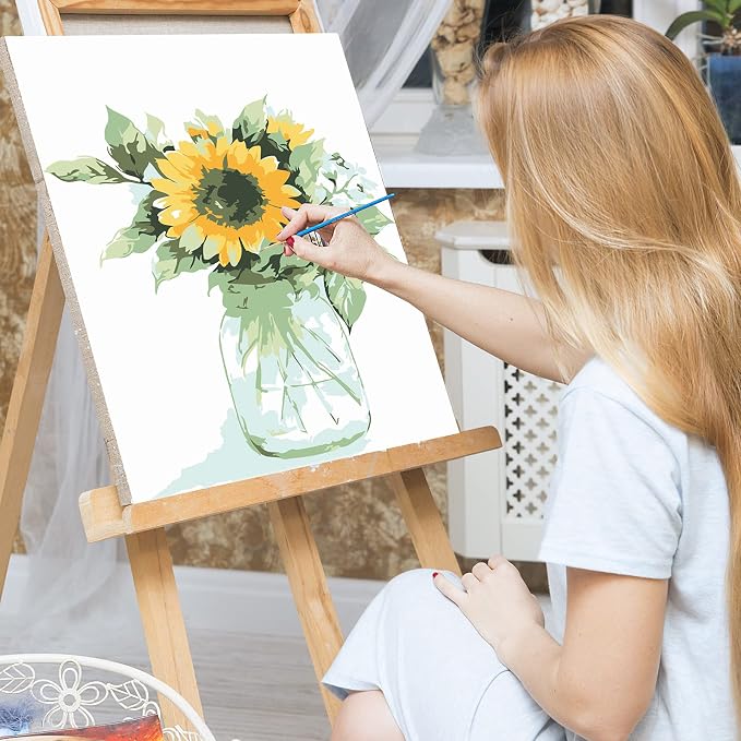 Ginkko Paint by Numbers for Adults Kids Beginners with Wooden Frame Easy Acrylic on Canvas 12x16 inch with Paints and Brushes, Vase Sunflower(Include Framed)
