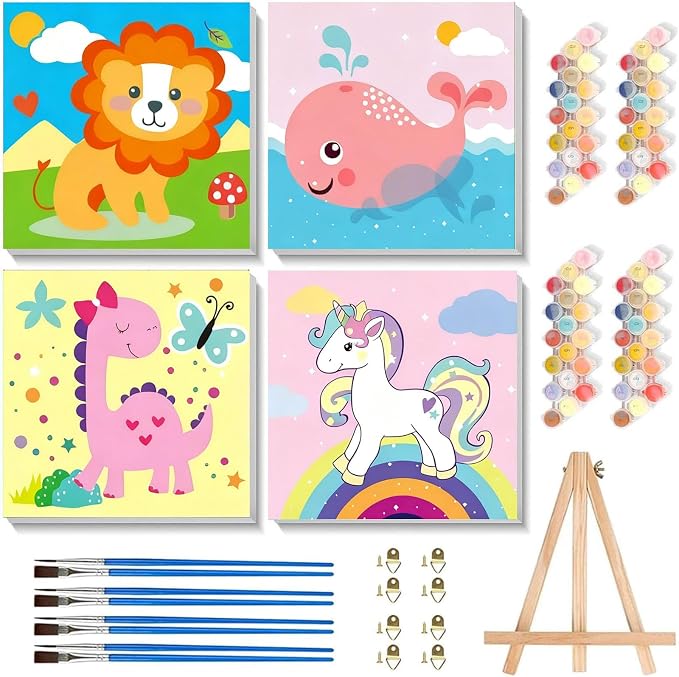 Arttoplus 4 Pack Paint by Numbers Kit for Kids with Frame Animals 8x8inch | Cute Animals Kids Paint by Numbers Ages 4-8-12 with Wooden Easel, Easy DIY Oil Painting by Number for Gift Home Wall Decor