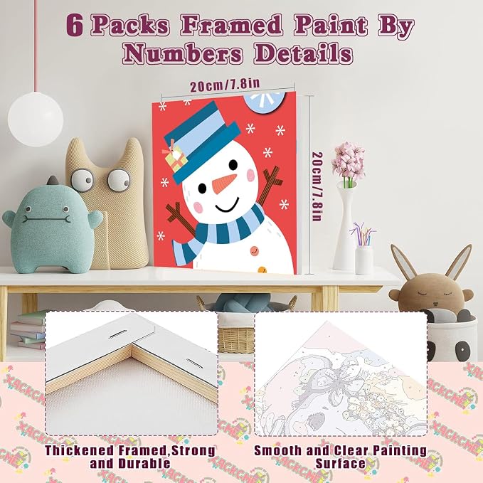 MXCFZX 6 Pcs Easy Christmas Paint by Numbers Kit Kids/Adults Framed 8x8in | Christmas Acrylic Paint by Numbers on Canva,Santa Oil Painting with Brushes,Beginners Paint-by-Number Kit for Home Wall Decor