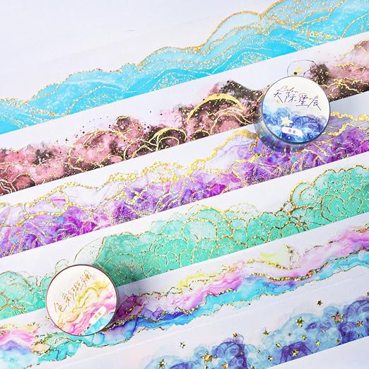 Gradient Watercolor Smudge PET Tape Decorative Collage Junk Journal Scrapbook Supplies Gold Foil Watercolor Blending Design Deco Tape For Scrapbooking Star Sky PET Stickers For Journaling Supplies