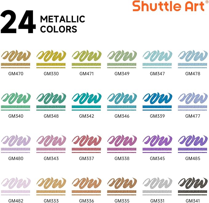 Shuttle Art Automatic Ink Control Acrylic Paint Markers, 24 Metallic Colors Brush Tip Acrylic Paint Pens for Rock Painting, Ceramic, Wood, Canvas, Glass, Stone, Fabric, Card, DIY Football Crafts