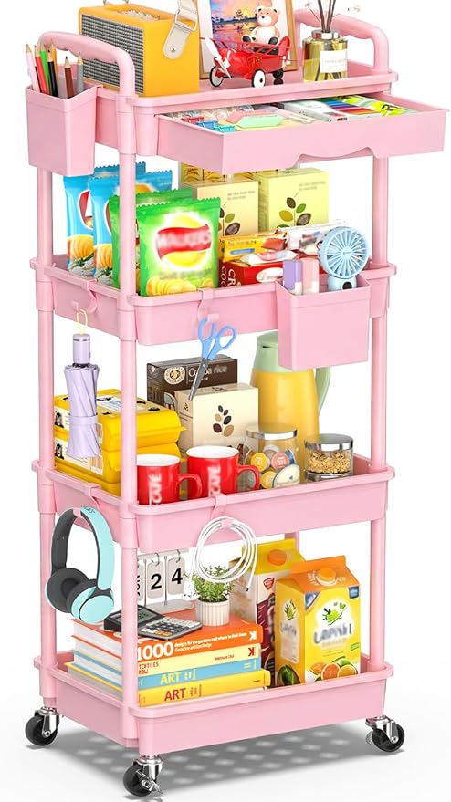 SUNALLY 4 Tier Rolling Cart with Drawer, Craft Storage Cart Organizer, Pink