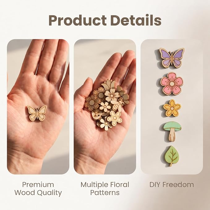 100PCS Unfinished Wood Flowers, Blank Wooden Crafts to Paint Flower