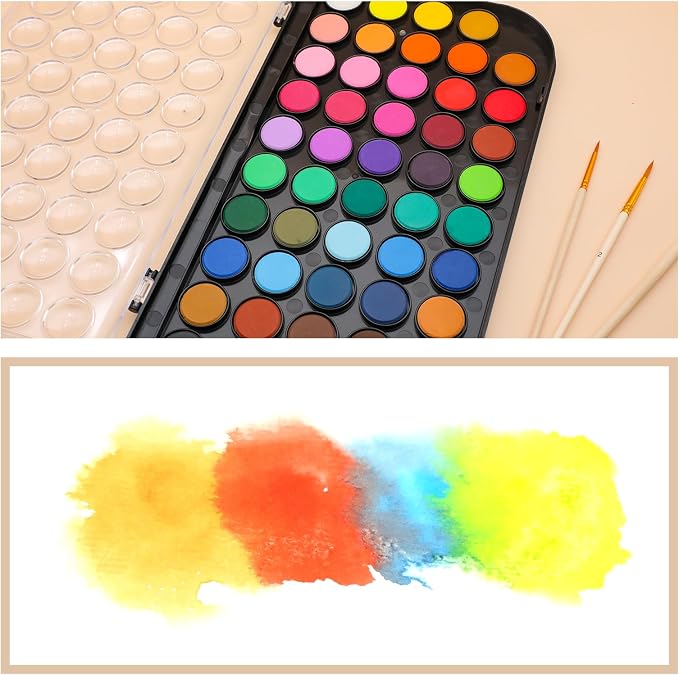 Artecho 48 Colors Watercolor Paint Set, 3 Brushes | Washable Pan Watercolor, Travel Portable Design, for Card Making, Illustrations, Painting