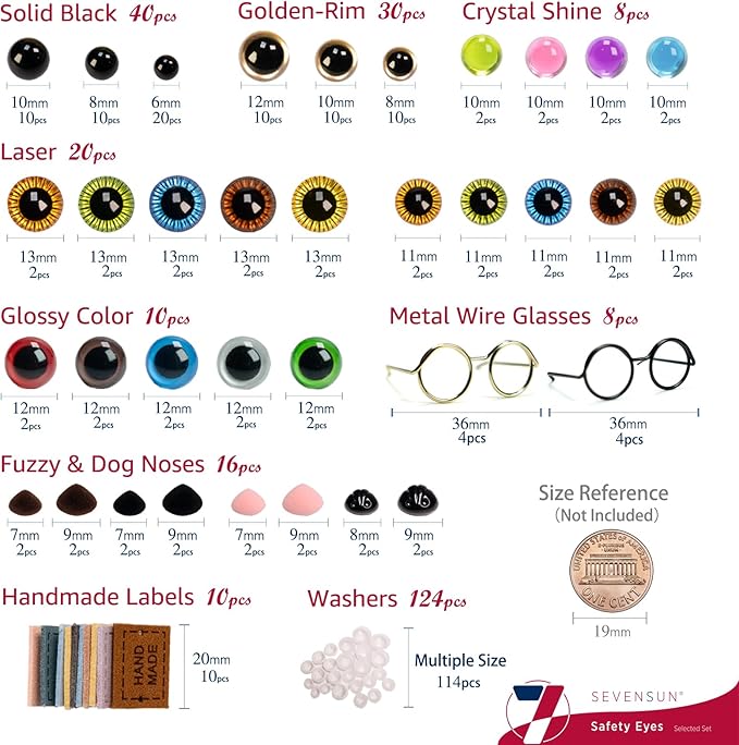 SEVENSUN 266 PCS Safety Eyes for Crocheting, Crochet Safety Eyes and Noses for Amigurumi Crochet Animals Craft Doll Eye Glasses