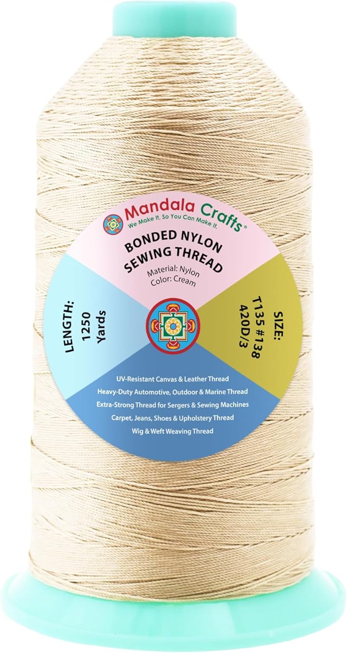 Mandala Crafts Size 138 420D T135 Cream Bonded Nylon Thread, 1250 YDs