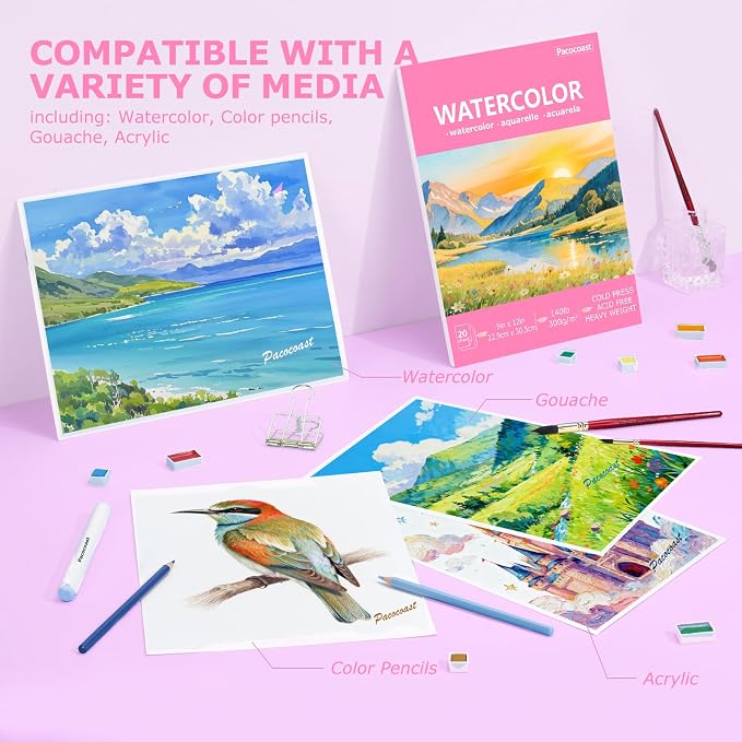 Pacocoast 9"x12" Watercolor Paper Pad, 140lb/300gsm Water Color Paper, Pink