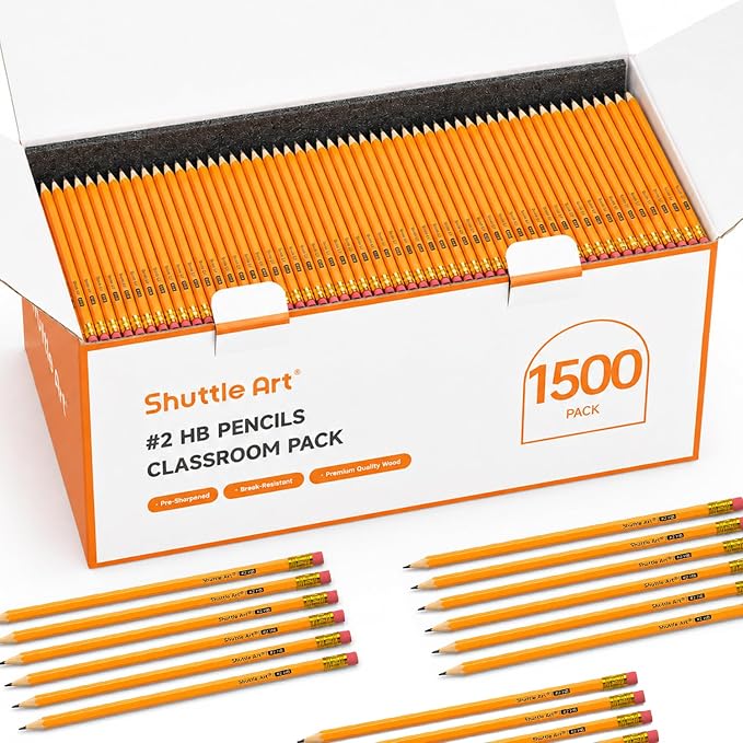 Shuttle Art 1500 Pack #2 HB Pencils Pre-Sharpened, Bulk Pencils with Erasers