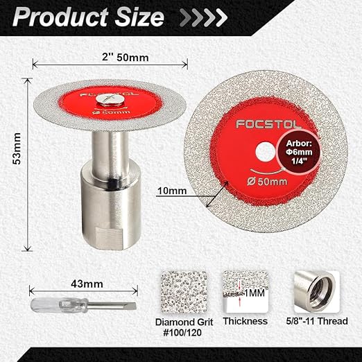 Mini Diamond Glass Cutting Disc - FOCSTOL 5pcs 2 Inch(50mm) Saw Blade and 1pc 5/8''-11 Flange for Glass Jade Marble Granite Artificial Stone Porcelain Tile Ceramic