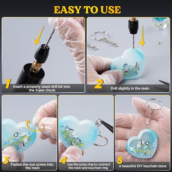 LET'S RESIN Electric Drill, 74Pcs Mini Drills with 3-Jaw Clamp&10 Drill Bit | Electric Resin Drill with 3-jaw Chuck 0-3mm Adjustable Range, Keychain Making Kit, Jewelry Making Kit, Electric Hand Drill