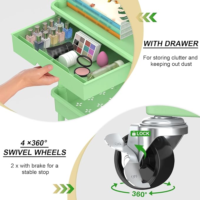 Goovilla 4 Tier Rolling Utility Cart Organizer with Removable Drawer, Green | Stable and Sturdy Rolling Storage Carts with 2 Lockable Wheels for Bathroom, Kitchen, Snack, Craft, Makeup, Baby Essentials