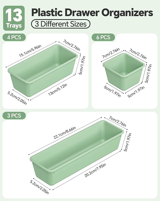 Canfanni 13 Pack Plastic Drawer Organizers Set, 3 Sizes Desk Drawer Organizer Trays for Vanity and Makeup Organizer, Organization and Storage for Makeup, Kitchen Utensils, Bathroom and Office(Green)