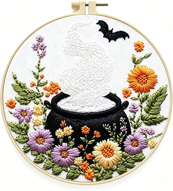 Zhenqing Halloween Cauldron Embroidery Kit for Beginners, Magic Pot Witch Decor Needlework Kit with Pre-Printed Cotton Fabric, Hoop, Threads & Tools, Spooky DIY Wall Art (C0120)