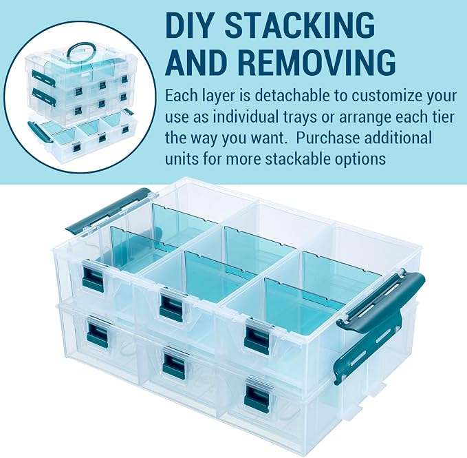 MyGift Single Stackable Tray, Add-on for 11 Inch Clear Arts & Crafts Storage Box with Blue Accents, 9 Compartment Sewing Supplies Organizer 3 Drawers and Removable Dividers