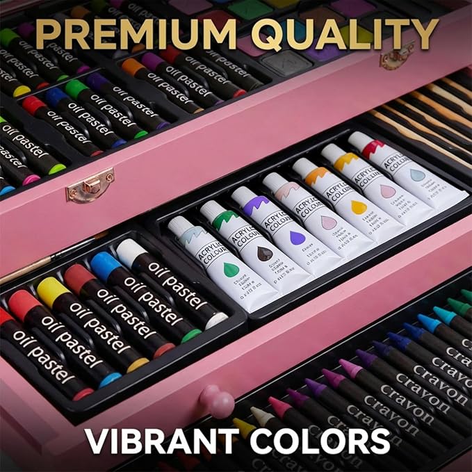 175-Pack Deluxe Wooden Art Set Drawing Painting Kit with 2 Drawing Pads, Acrylic Paints, Colored Pencils, Crayons, Paint Brush, Art Kit in Wooden Case, Gift for Artist, Adults, Teens and Kids