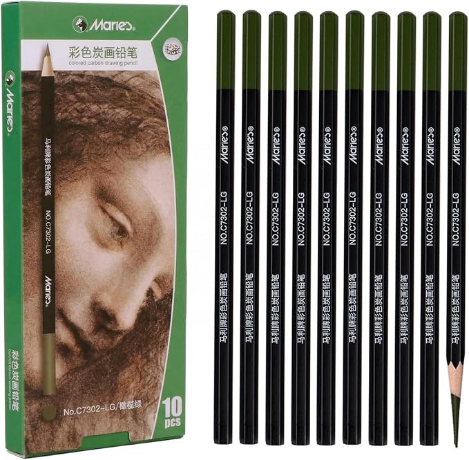 Marie's Professional Charcoal Drawing Set - Premium Artist Sketching Pencils for Portraits & Fine Art - Ideal for Professional Artists & Studio Creation(Olive Green)