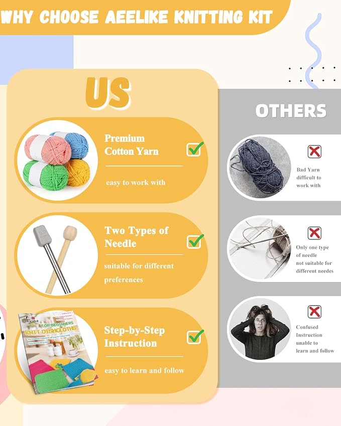 Aeelike Knitting Kit for Beginner Adult, Easy Dishcloth Knit Set, Color C | Knitting Set with Knitting Needles Milk Colorful Cotton Yarn Step-by-Step Instructions, Learn Basic Knitting, Ideal Gift