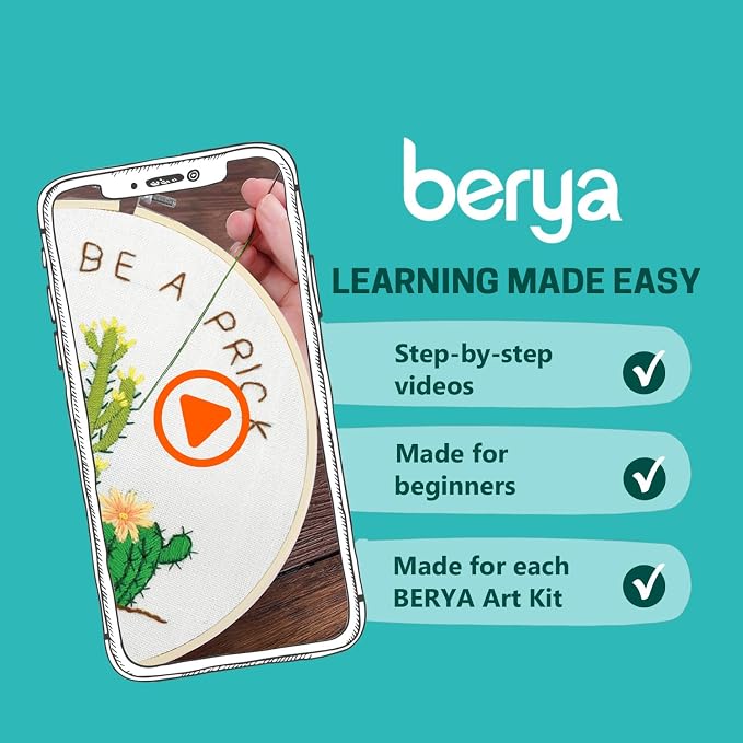 BERYA Cactus Embroidery Kit Including Video Step by Step Instructions Embroidery Hoop,Color Threads and Embroidery Scissors for Beginners-Handmade Needlepoint Kits for Adults