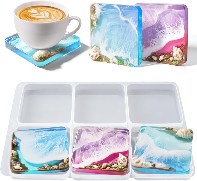 HeyClear Coaster Resin Molds Silicone, 6-Cavity Square Epoxy Resin Mold | for Crafts DIY Tray, Cup Coasters, Flower Bouquet Preservation, Resin Art, Home Decoration, Flexible, Easy to Clean & Demold