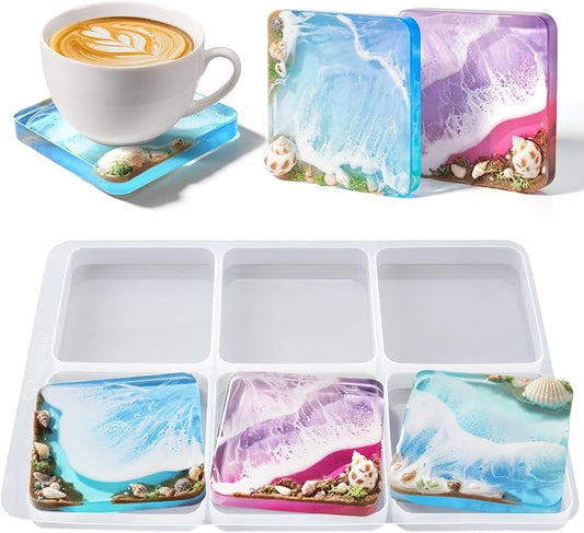 HeyClear Coaster Resin Molds Silicone, 6-Cavity Square Epoxy Resin Mold | for Crafts DIY Tray, Cup Coasters, Flower Bouquet Preservation, Resin Art, Home Decoration, Flexible, Easy to Clean & Demold