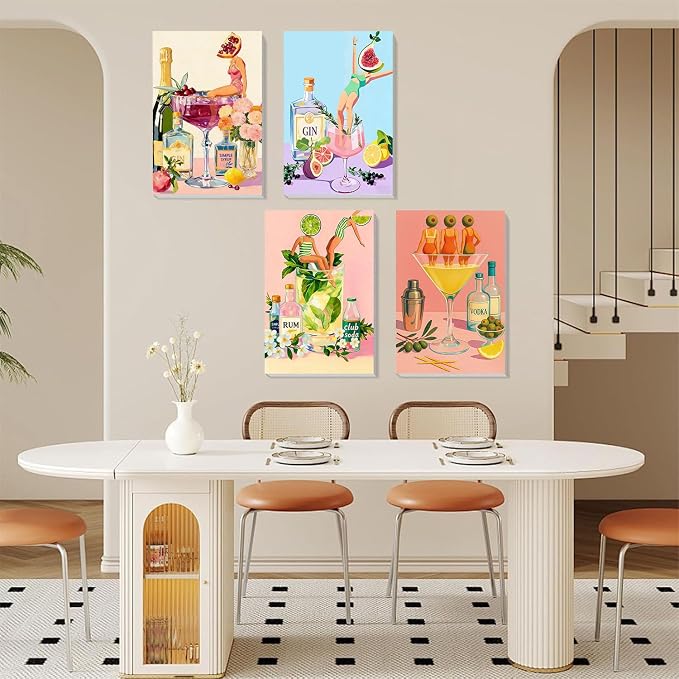 4 Pack Cocktail Paint by Numbers for Adults with Framed Canvas 8x12 inch | Cocktail Adult Paint by Number Kits on Canvas with Wooden Easel, DIY Acrylic Oil Painting by Numbers for Gift Home Decor