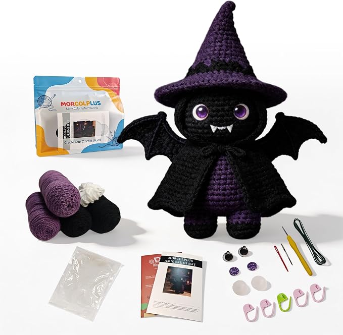 Morcolplus Bat Crochet Kit for Adults, Intermediate Gothic Amigurumi Crochet Kit with Step-by-Step Video Tutorials and All Materials Included, Gothic Room Decor Gift