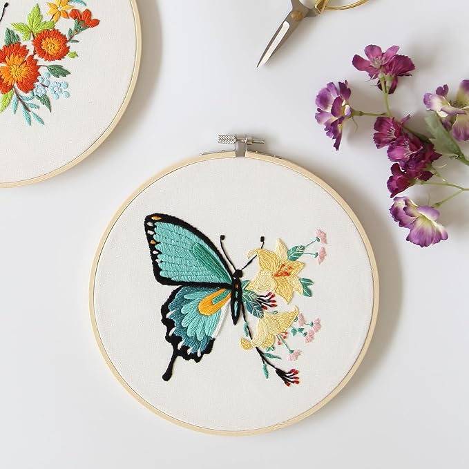 Bonroy 4 Sets Embroidery Kit for Beginners,Embroidery Art Craft Handy Sewing Include Clothes with Pattern,Embroidery Hoops, Instructions,Color Threads Needle (Butterfly) (CX-55)