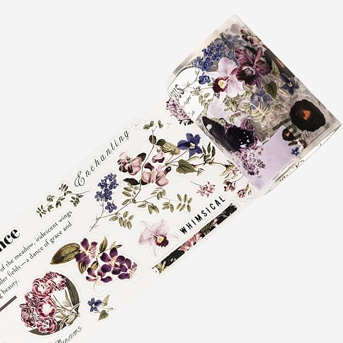 WT Pre-Cut Violet Veil Wide PET Tape, Single Roll, Soft Lilac Blossoms & Misty Backgrounds with Elegant Script, Transparent Decorative Tape for Journaling, Scrapbooking, Planner, DIY Crafts, 65mm x 5m