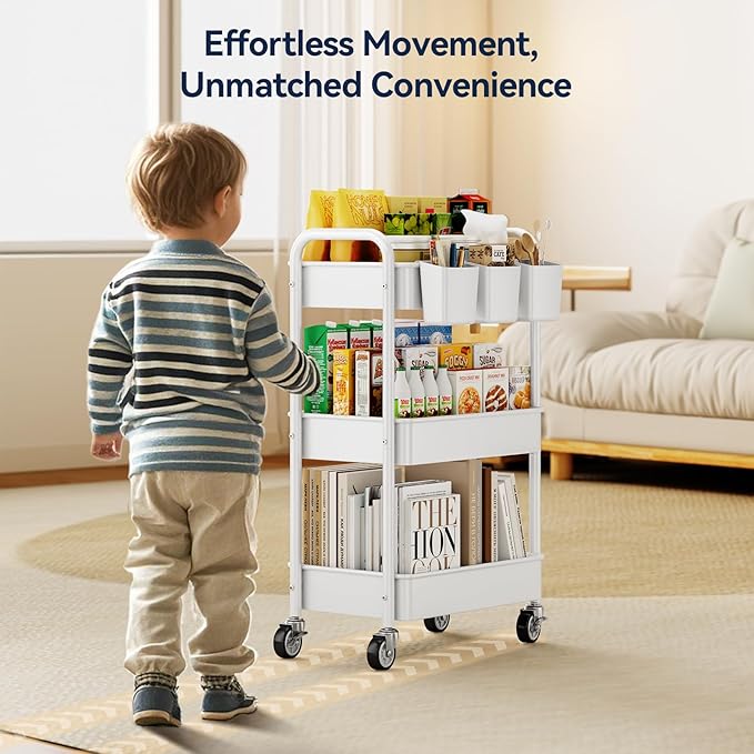 YASONIC 3 Tier Rolling Cart, Heavy Duty Metal Utility Cart with Wheel White
