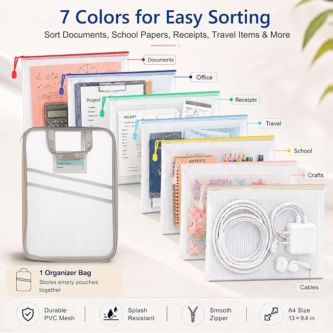 7 Pack PVC Mesh Zipper Pouch Set with 1 Organizer Bag, 8pcs