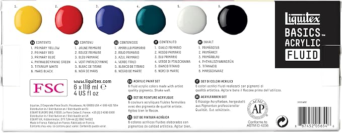 Liquitex BASICS Acrylic Fluid Paint, 12 x 118ml (4-oz.) Bottle Set | Super Versatile, Fine Art Pigments; Fluid Consistency, Vibrant satin colors, Permanent, Lightfast, Water-Resistant Finish