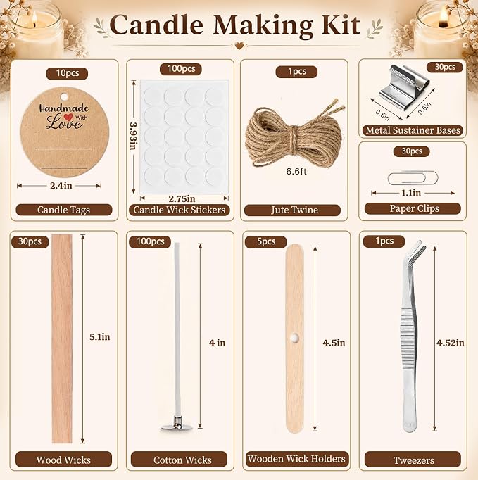 Candle Wicks for Candle Making Kit Supplies, 130 Pcs with 100 Cotton & 30 Crackling Wood Wicks for Soy Beeswax Candles, Holders & Stickers, Handmade Gifts Set (4 inch)