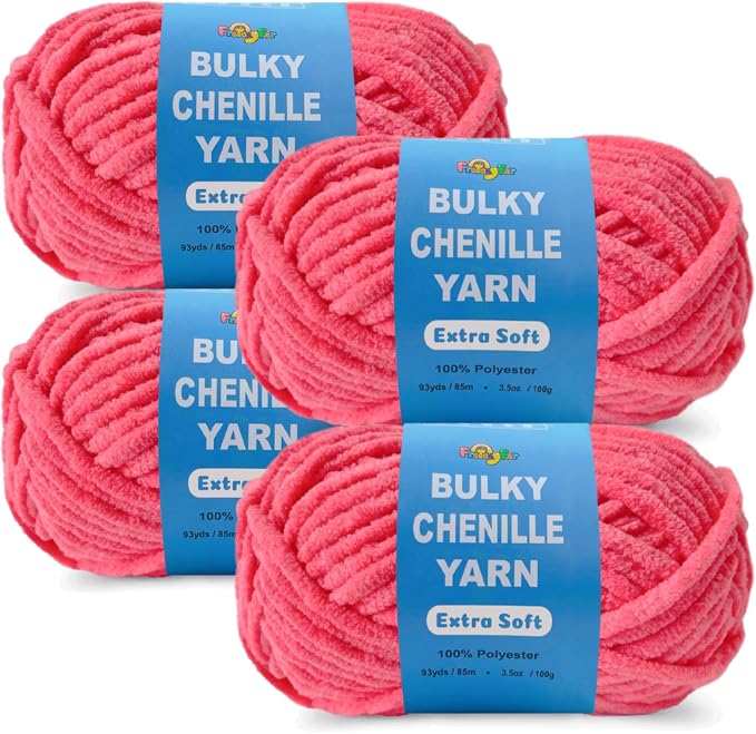 4 * 3.5Oz Soft Velvet Yarn Chenille Yarn for Crocheting and Knitting – Light Bulky (93 Yards/100g) - Polyester - Yarn for Blanket Amigurumi Weaving Crafts (Hot Pink, 4 Pack)