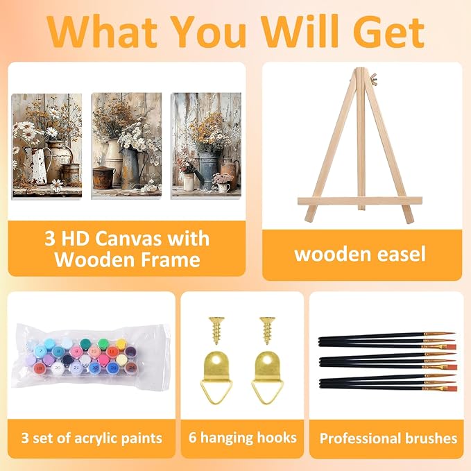 Mandun Farmhouse Paint by Numbers Kit for Adults,3 Pack, 7.8x11.8 inch | DIY Painting Kits Crafts for Adults, Relieve Stress, Frame Canvas, Wooden Easel, Gift Box, Home Wall Decor
