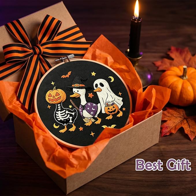 Nuberlic Halloween Embroidery Kit for Beginners Adults DIY Needlepoint | Complete Halloween Embroidery Kit With Cute Ghost, Pumpkin And Duck Design For Handmade Decor, Relaxing Needlework And Gifts.