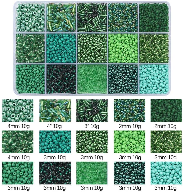 15 Grid Green Glass Seed Bugle Tube Beads Kit for Jewelry Making DIY Craft