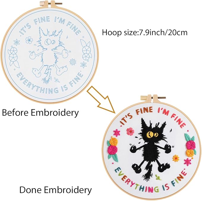 Louise Maelys Cute Cat Embroidery Kit for Beginners DIY Needlepoint | Adults Starter Cross Stitch Kits with Funny Animal Pattern, Complete Needlepoint Kit with Hoop, Threads, Needles and Guide