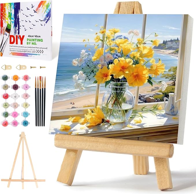 PRASIO Framed Paint by Numbers Kit for Adults Beginner with Easel, Flowers Adult Paint by Number Kits on Canvas Framed, DIY Acrylic Watercolor Oil Paint by Number with Frame for Home Decor 16x16 Inch