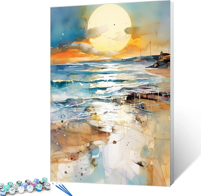 Paint by Number Sunset Beach Sea Landscape Abstract Beach DIY Painting On Canvas with Brushes Acrylic Paints Perfect for Paint by Numbers for Adults and Kids Students Beginner 16x20 Inch（DIY Frame）