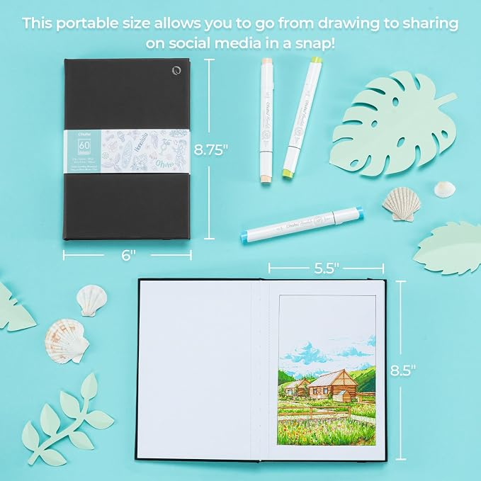 Ohuhu 5.5"x8.5" Double-Sided Bleedproof Marker Pad Art Sketchbook 60 Sheets | Small Sketch Book - 90 LB/150 GSM Smooth Drawing Paper - 60 Sheets/120 Pages -Hardcover Sketch Pad for Alcohol Markers Paints