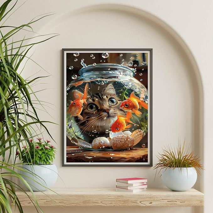 Cat Goldfish Paint by Numbers Kit for Adults Framed Canvas, Frameworkless | Easy Adult Paint by Number Kits on Canvas DIY Cat Goldfish Painting for Beginners Art by Numbers for Home Wall Decor 12X16 in