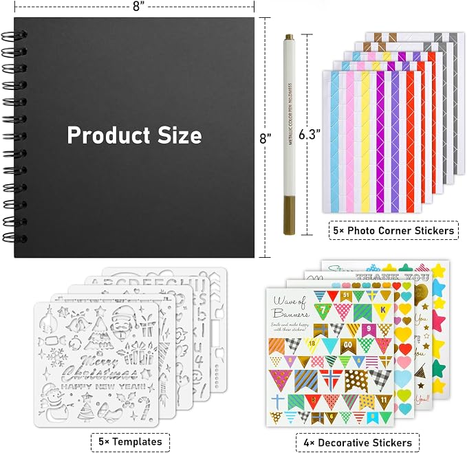 GOTIDEAL 8 x 8 Inch Scrapbook Album with Metallic Markers, Black, 40 Pages | Kraft Paper Photo Albums for Wedding & Anniversary, Family DIY Scrap Books with Scrapbooking Stickers Corners