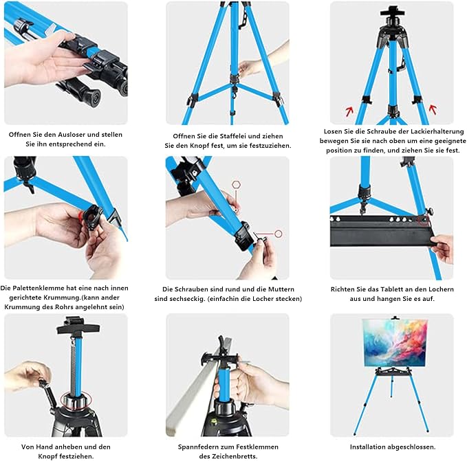 Easel for Painting, Portable & Foldable Easels Stand, Height-Adjustable 22'' to 62'', Equipped with Tray, Water Bucket Hook, Spirit Level, Compass & Carrying Bag for Art Display,Travel - Blue