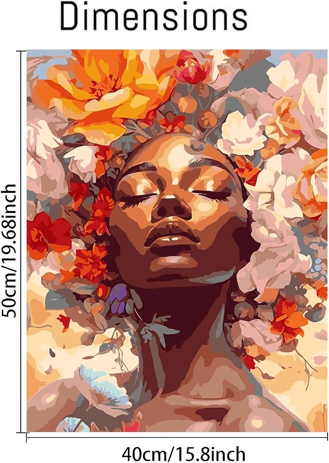 Clendo DIY African Woman Paint by Numbers for Adults Canvas, Flowers and Girl Paint by Number Kits on Canvas - Oil Painting Kits Arts and Crafts for Home Decor 16x20 inch(Without Frame)