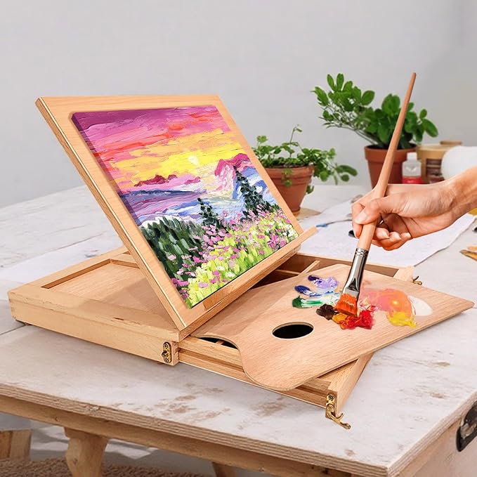 Adjustable Tabletop Sketchbox Easel with Storage Drawer & Palette | Portable Soild BeechWood Desk Easel for Beginner, Student, Artist, Hold Canvas up to 11" x 14"