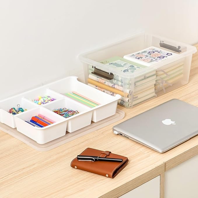 17QT Clear Plastic Craft Storage Box with Removable Tray & Lid - 2 packs | white container, art supply organizer for playdoh, sewing, beads & craft tools, space-saving stackable bins