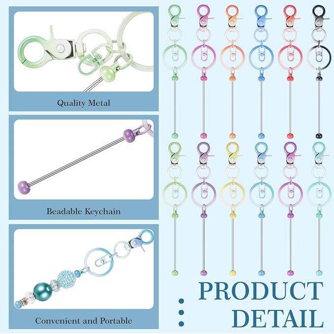 Tondiamo 12 Pcs Beadable Keychains Bars Bulk Blank Beaded Metal Keychain for Craft DIY Gift