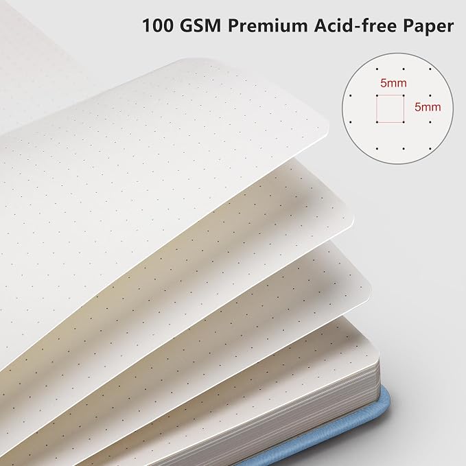 RETTACY Dotted Journal Notebook, 192 Pages, A5 Medium Size (5.7'' x 8.3'') | Leather Hardcover, 100 GSM Thick Paper, for Journaling, Planning, Tracking (Light Blue)